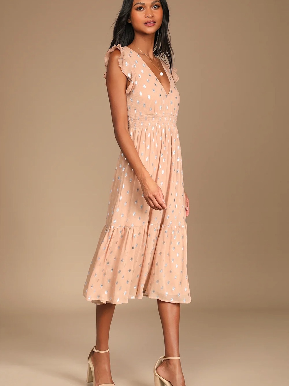 Lulu’s Cause to Celebrate Peach Pink Silver Ruffle Tiered Midi Dress NWT XL - Picture 2 of 16